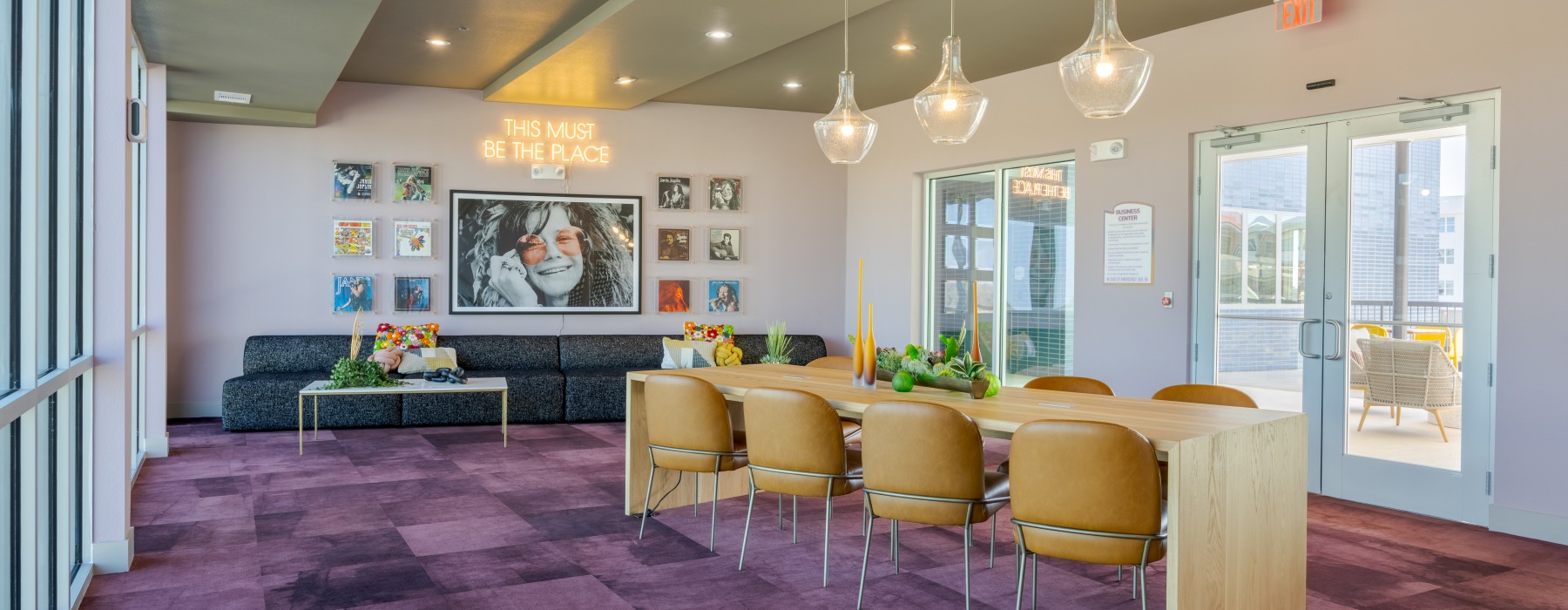 Co-working lounge and dining area at The Janis modern apartments in Austin, TX