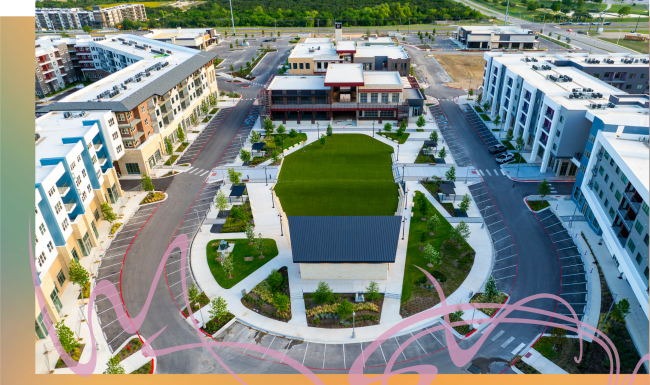 Close to the center of everything Outdoor lawn and CenterStage amphitheater surrounded by buildings